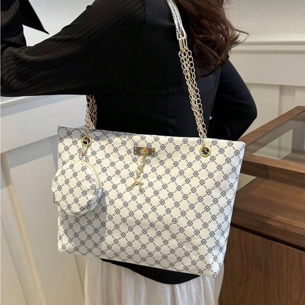 ⚠️Clearance Chain Shoulder Tote Bag Elegant White Patterned Bag with Gold Chain - Picture 6 of 11